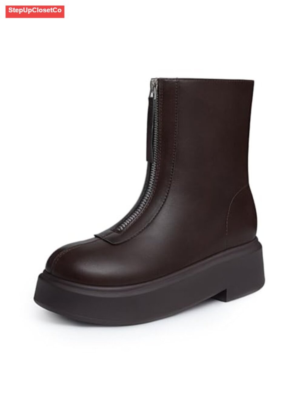 Platform Ankle Boots Faux Leather Round Toe Chunky Low Heel Front Zipper